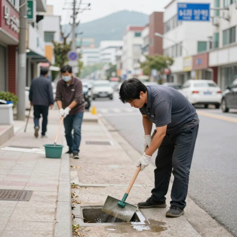 집 안 하루살이 퇴치를 위해 배수구 청소와 습기 제거를 하는 모습