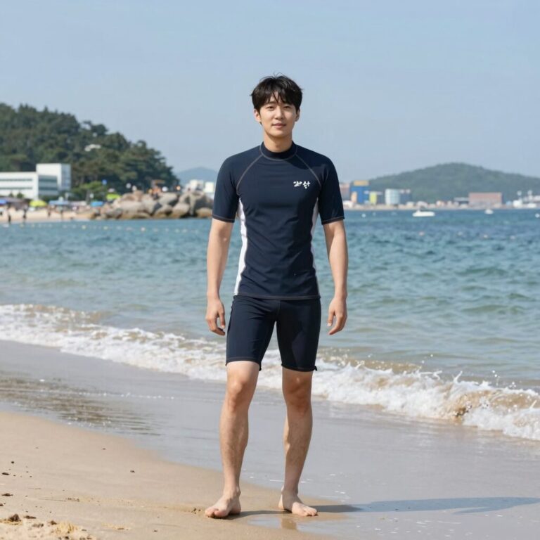 남자가 해변에서 래쉬가드와 반바지를 입고 있는 모습