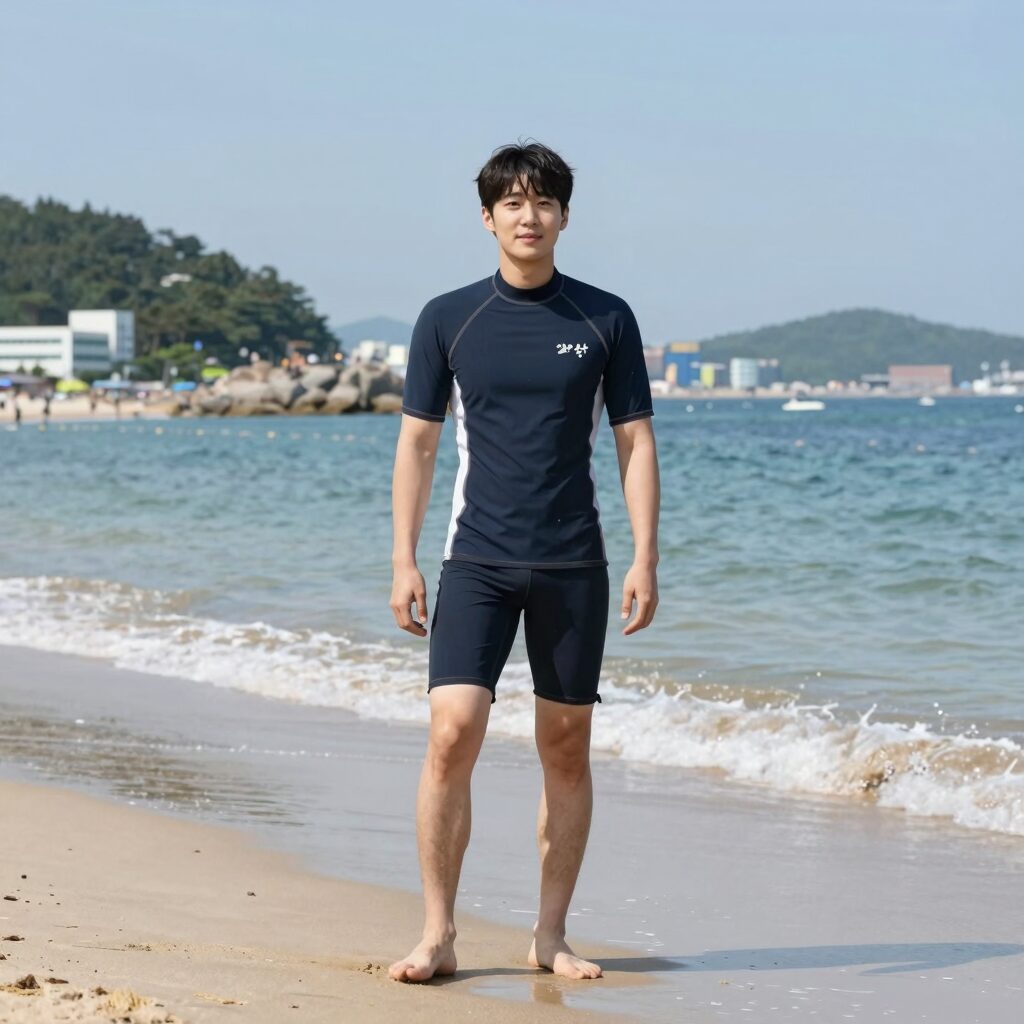 남자가 해변에서 래쉬가드와 반바지를 입고 있는 모습