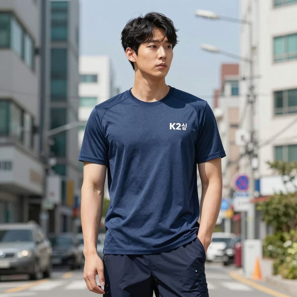 남자 쿨 티셔츠 K2 오싹 GALAXY 스틸블루 컬러의 반팔 집업 디자인, 등판 메쉬와 PCM 프린트가 보임