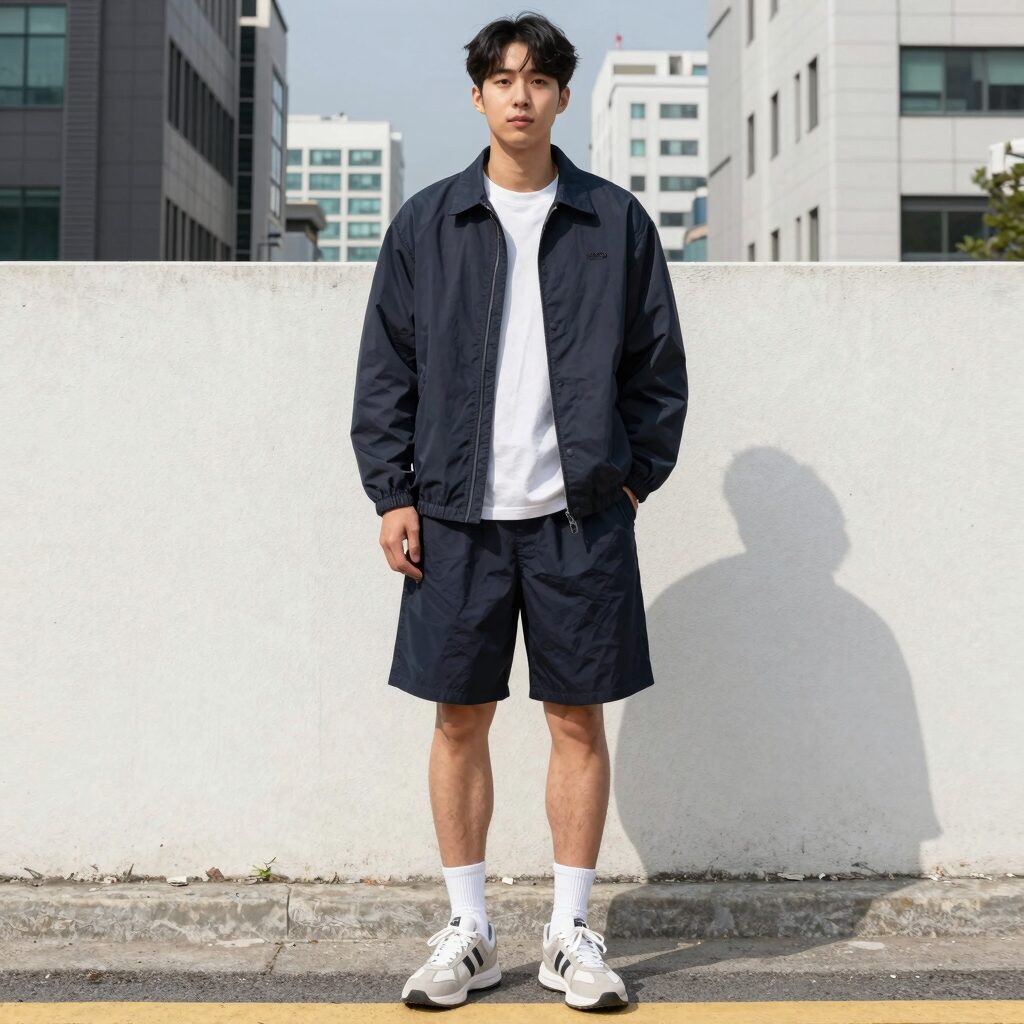 남자 숏팬츠 스타일링 예시 - 자켓과 숏팬츠 매치