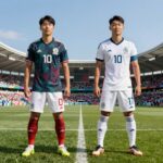 멕시코와 잉글랜드의 2026 월드컵 경기 전망을 보여주는 합성 이미지로, 두 팀의 유니폼과 공을 강조한 일러스트