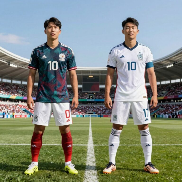 멕시코와 잉글랜드의 2026 월드컵 경기 전망을 보여주는 합성 이미지로, 두 팀의 유니폼과 공을 강조한 일러스트