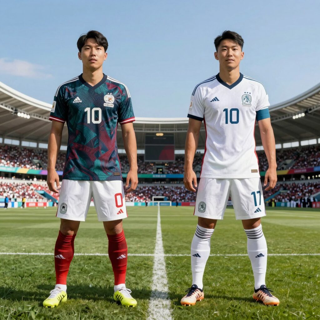 멕시코와 잉글랜드의 2026 월드컵 경기 전망을 보여주는 합성 이미지로, 두 팀의 유니폼과 공을 강조한 일러스트