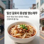 밀면 칼로리 생각보다 높아요 밀면 칼로리 구성별 영양정보 표와 함께 건강하게 즐기는 방법을 설명하는 이미지