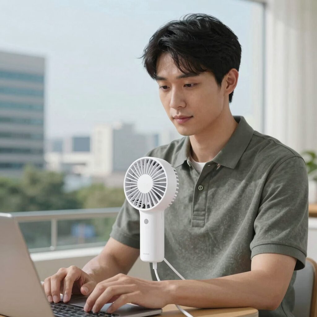 미니 손 선풍기 냉각패드 사용 모습