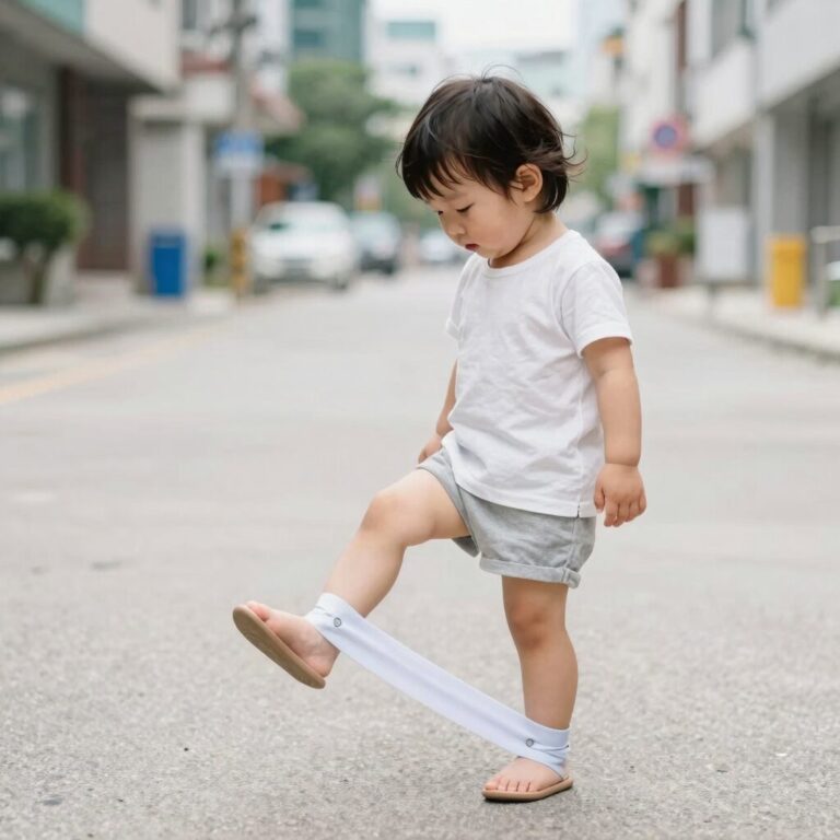 아기가 발목에 모기 밴드를 착용하고 야외에서 놀고 있는 모습