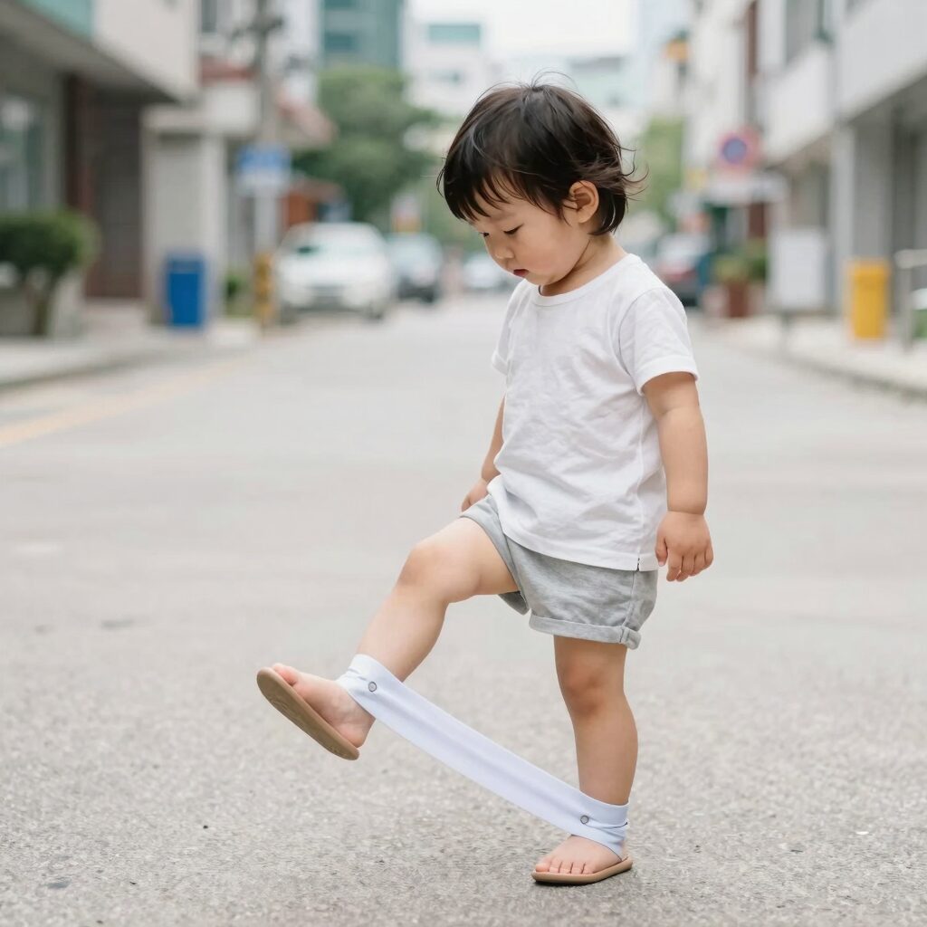 아기가 발목에 모기 밴드를 착용하고 야외에서 놀고 있는 모습