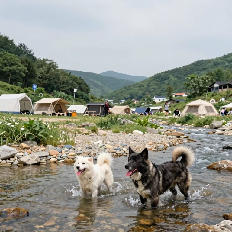 무주 구천동 계곡에서 물놀이하는 반려견과 캠핑장 풍경