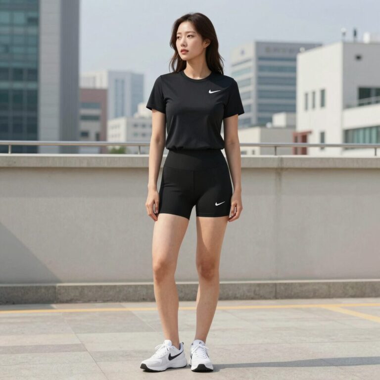 나이키 여성 반바지를 입고 있는 여성의 전신 코디 사진, 단순한 블랙 민소매와 반바지 조합이 시크한 느낌