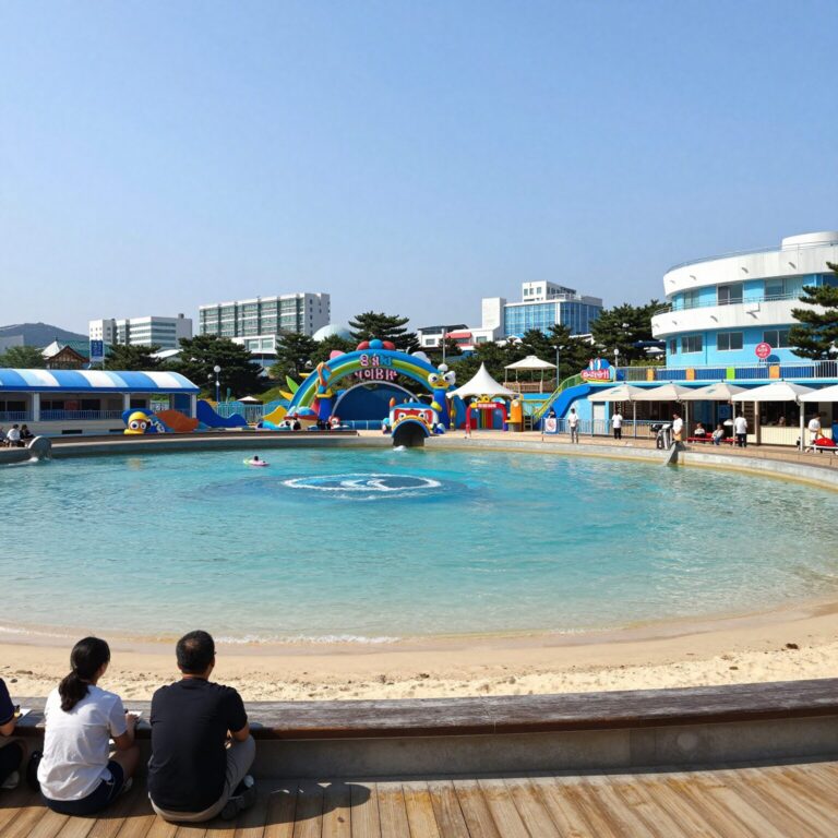 오션월드 실외 파도풀과 어트랙션 전경