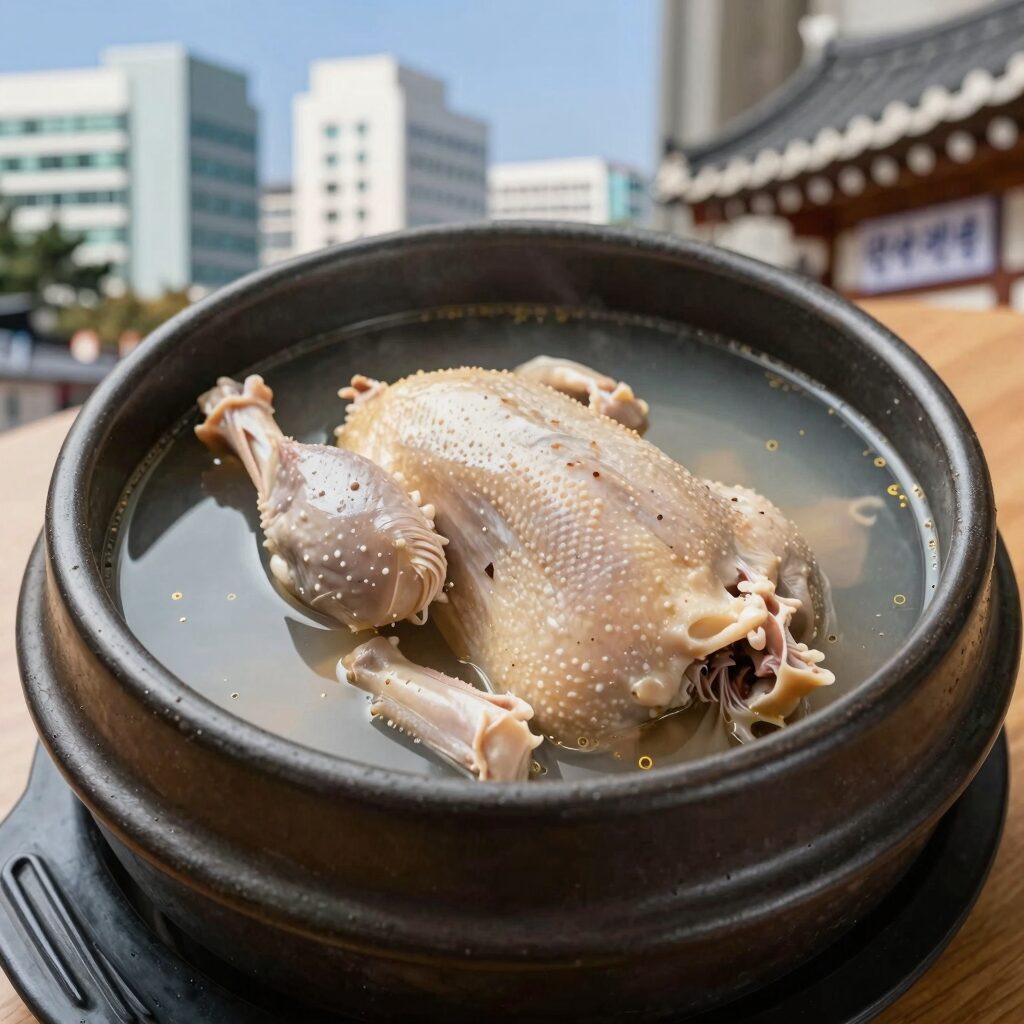 옛날삼계탕의 한방삼계탕 그릇에 담긴 모습 육수와 닭고기가 보인다