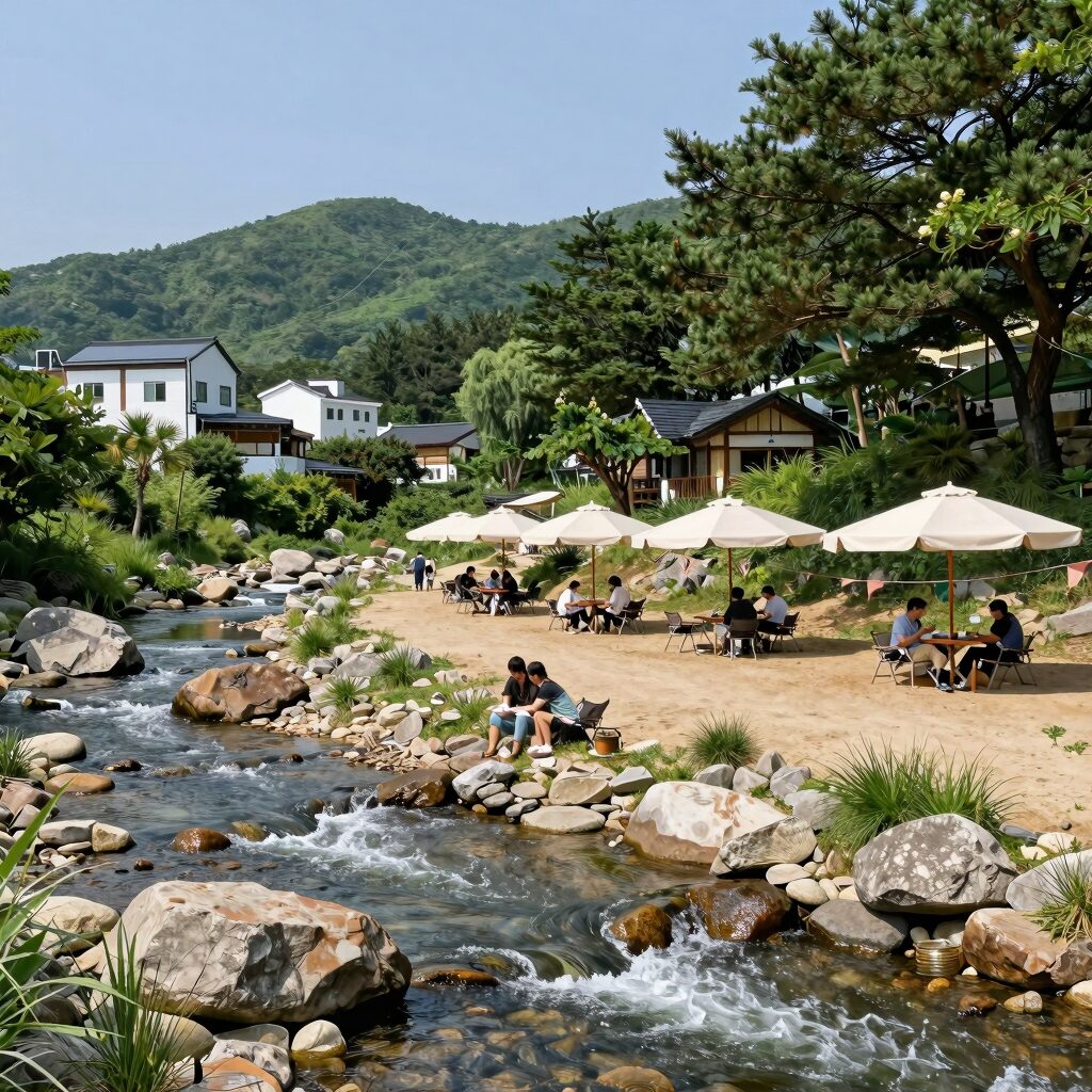 양양 오색연가 펜션 계곡 전경 청정 계곡물과 파라솔 바베큐장이 보이는 사진