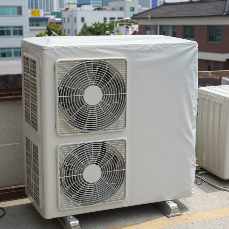에어컨 실외기 커버가 설치된 모습으로 깔끔하게 상판을 보호하고 통풍이 잘 되는 구조를 보여줌