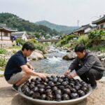 파주 계곡 식당 온달집에서 평상 위에 백숙과 도토리묵이 차려져 있고, 뒤로 맑은 계곡물이 흐르는 풍경
