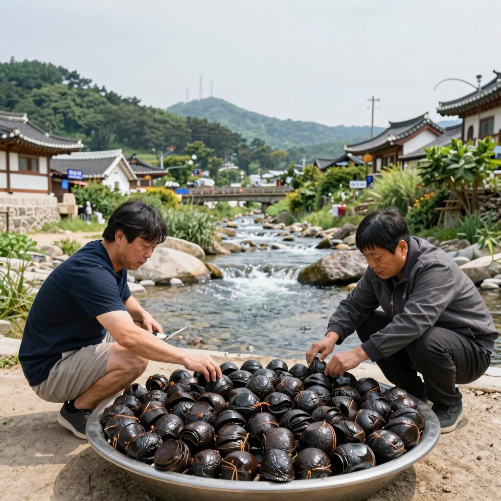 파주 계곡 식당 온달집에서 평상 위에 백숙과 도토리묵이 차려져 있고, 뒤로 맑은 계곡물이 흐르는 풍경