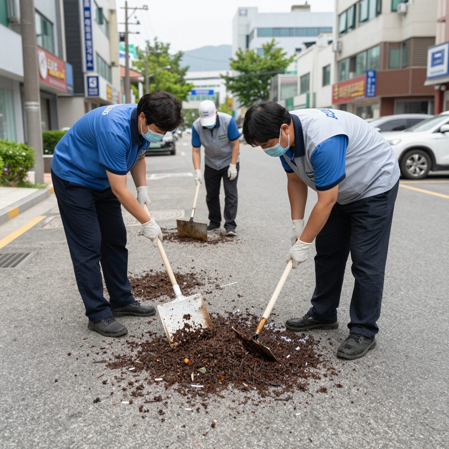 전문 청소팀이 구더기와 파리로 오염된 현장을 소독하고 있는 모습
