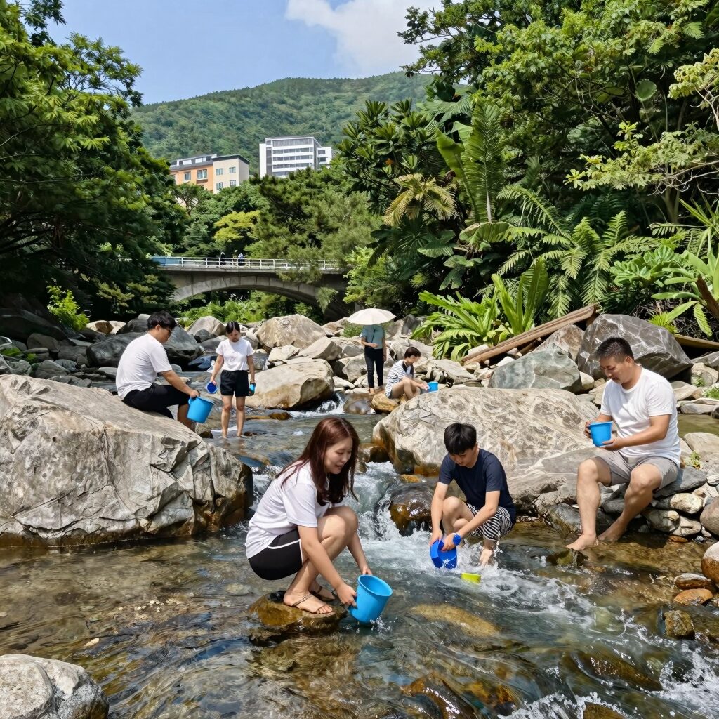 지리산 피아골 계곡에서 맑은 물이 흐르는 풍경, 시원한 물놀이를 즐기는 사람들