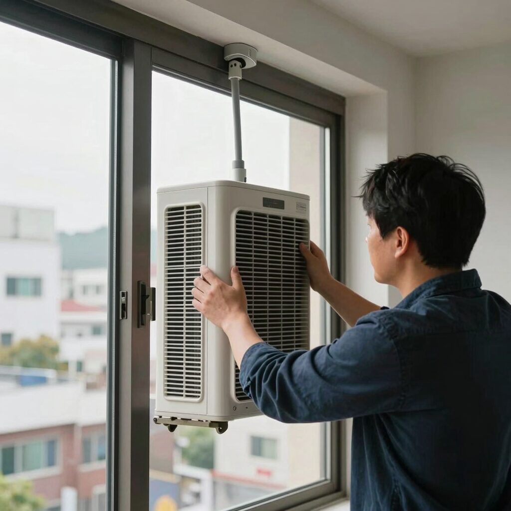 포터블 에어컨 배기 호스를 창문에 연결한 설치 모습