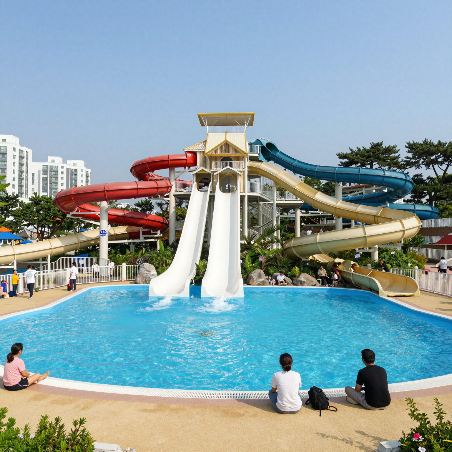 프리메라 풀빌라 워터파크 전경과 미끄럼틀