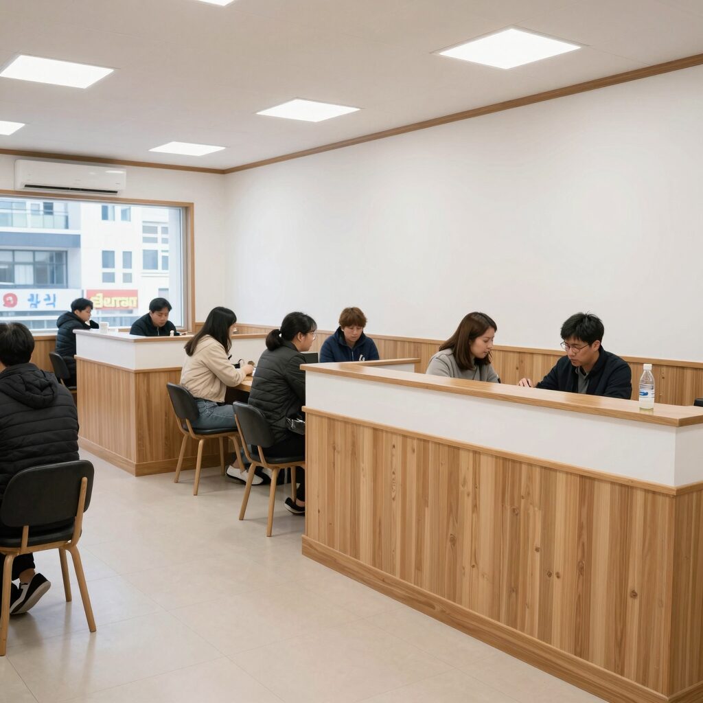 범계역 수복삼계탕 안양점 내부 인테리어 모습, 깔끔한 우드톤과 화이트 톤의 조화