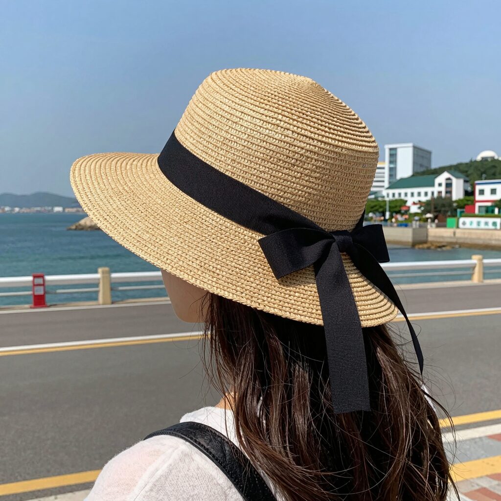 리본라피아햇 여성 밀짚모자 버킷햇을 착용한 모습, 넓은 챙과 리본 장식이 돋보이는 여름 휴양지 스타일