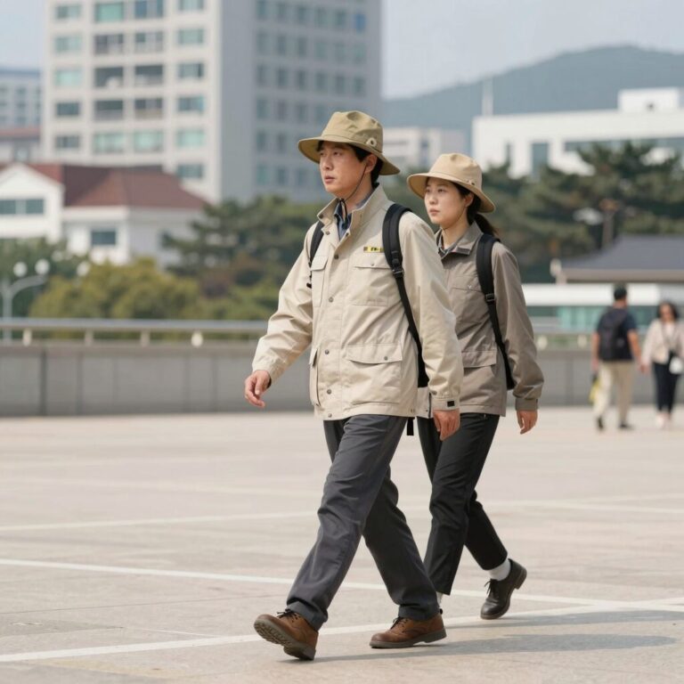 남자가 사파리 모자를 쓰고 야외에서 산책하는 모습