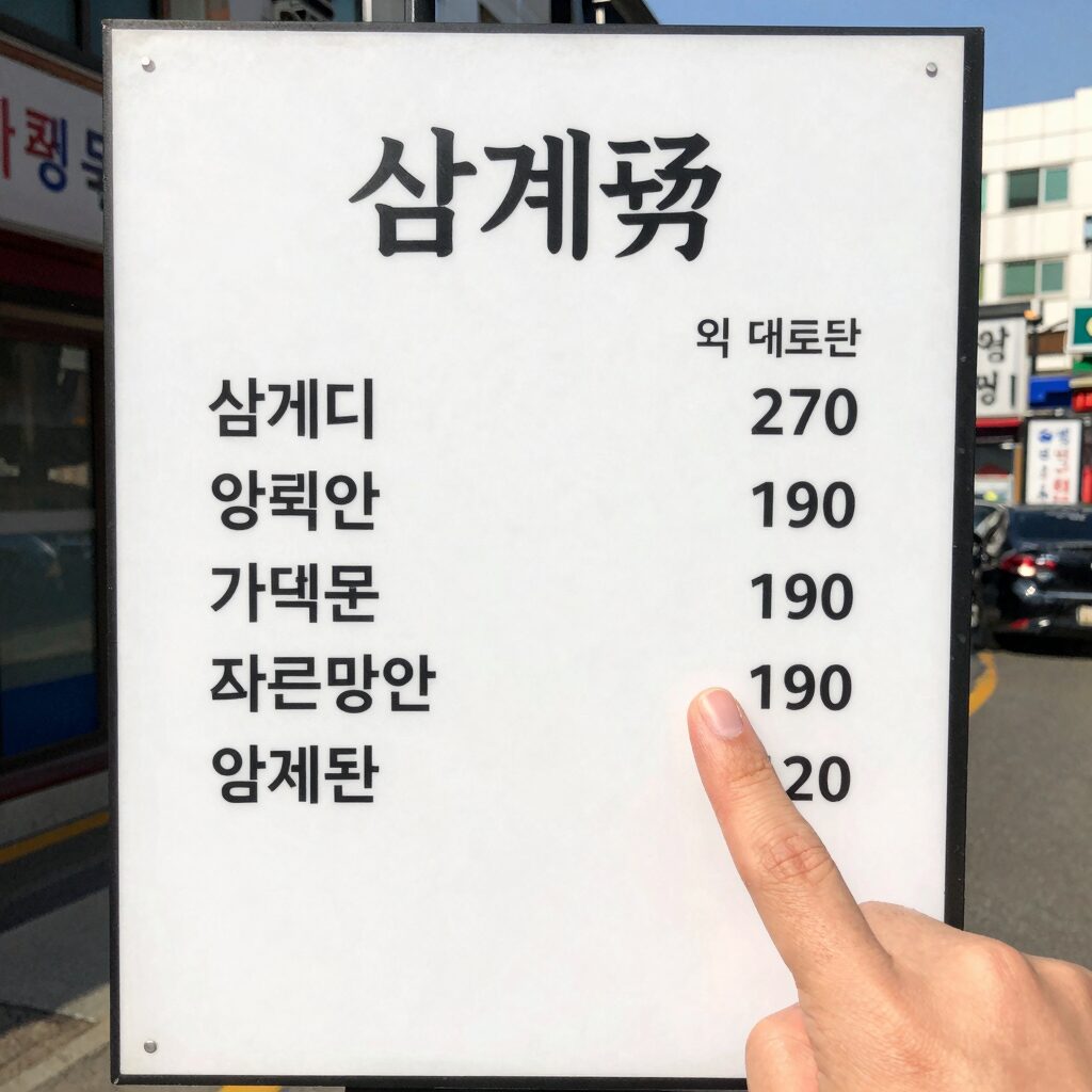 삼계탕 가격 인상으로 인해 바뀐 메뉴판을 손가락으로 가리키는 모습