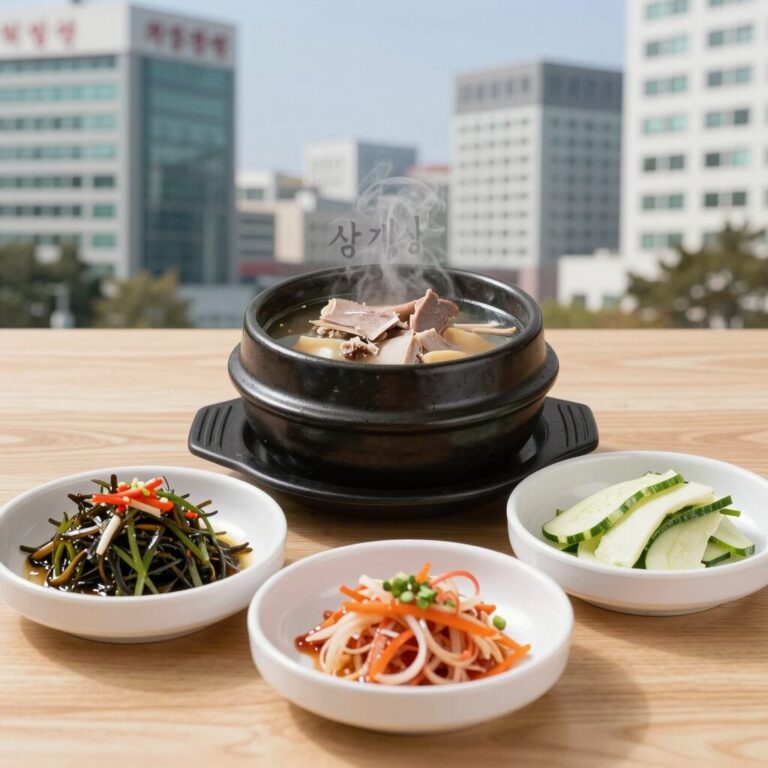 삼계탕 종류 마라 한방 삼계탕과 사천 수비드 닭 냉채가 나란히 놓인 테이블 사진