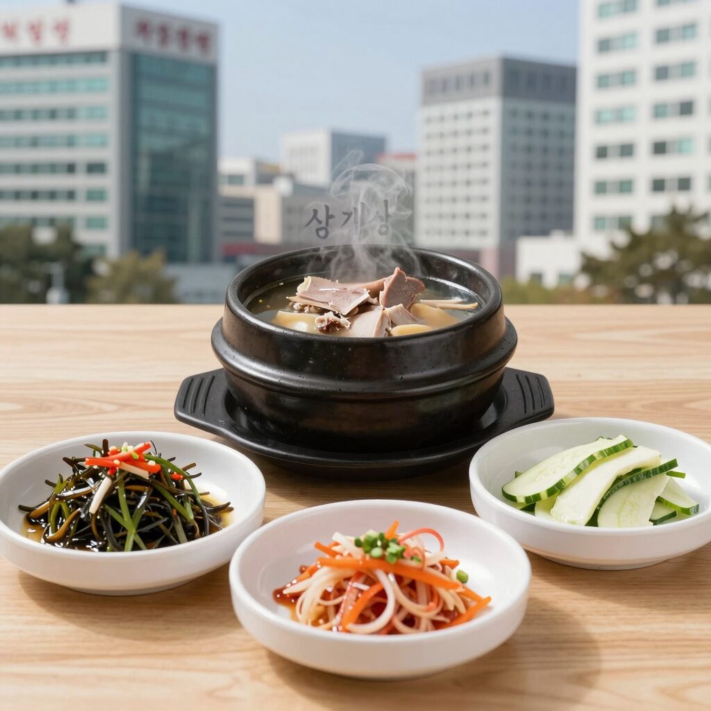 삼계탕 종류 마라 한방 삼계탕과 사천 수비드 닭 냉채가 나란히 놓인 테이블 사진