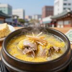 한 그릇의 삼계탕이 테이블 위에 놓여 있다. 찹쌀과 닭고기가 보이고 김이 모락모락 난다.