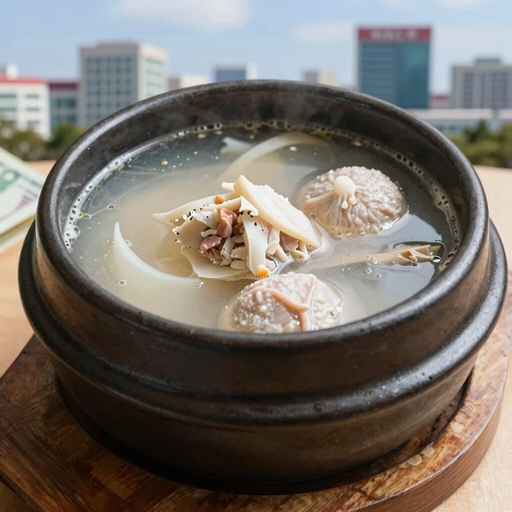 압력솥으로 끓인 삼계탕 그릇에 담긴 모습