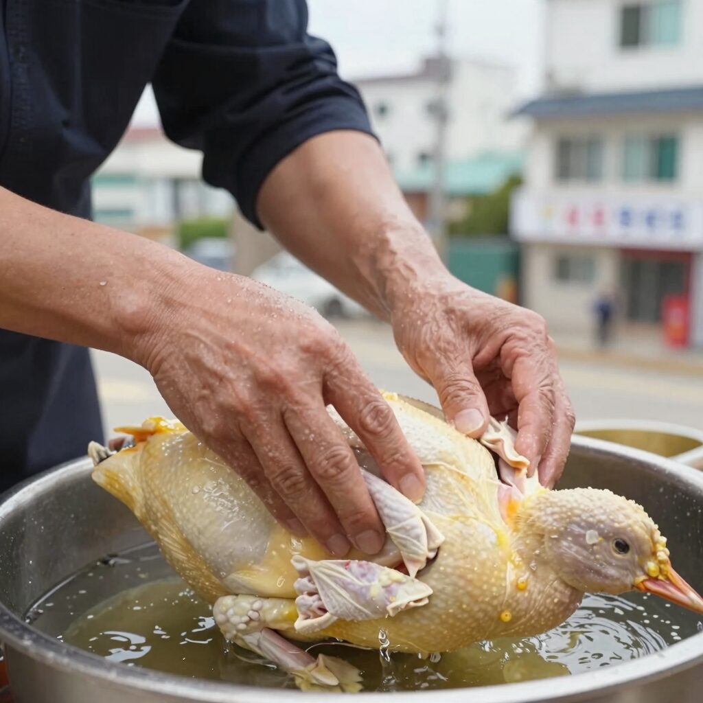 백종원 삼계탕을 만들기 위해 닭을 손질하는 모습. 뱃속을 깨끗이 씻고 기름기를 제거하는 과정