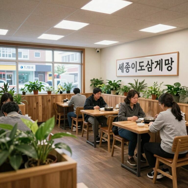 세종이도삼계탕 두정점 넓은 매장 내부와 식물 인테리어