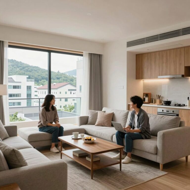 설악 썬밸리 리조트 리모델링 48평 객실 거실과 주방 모습