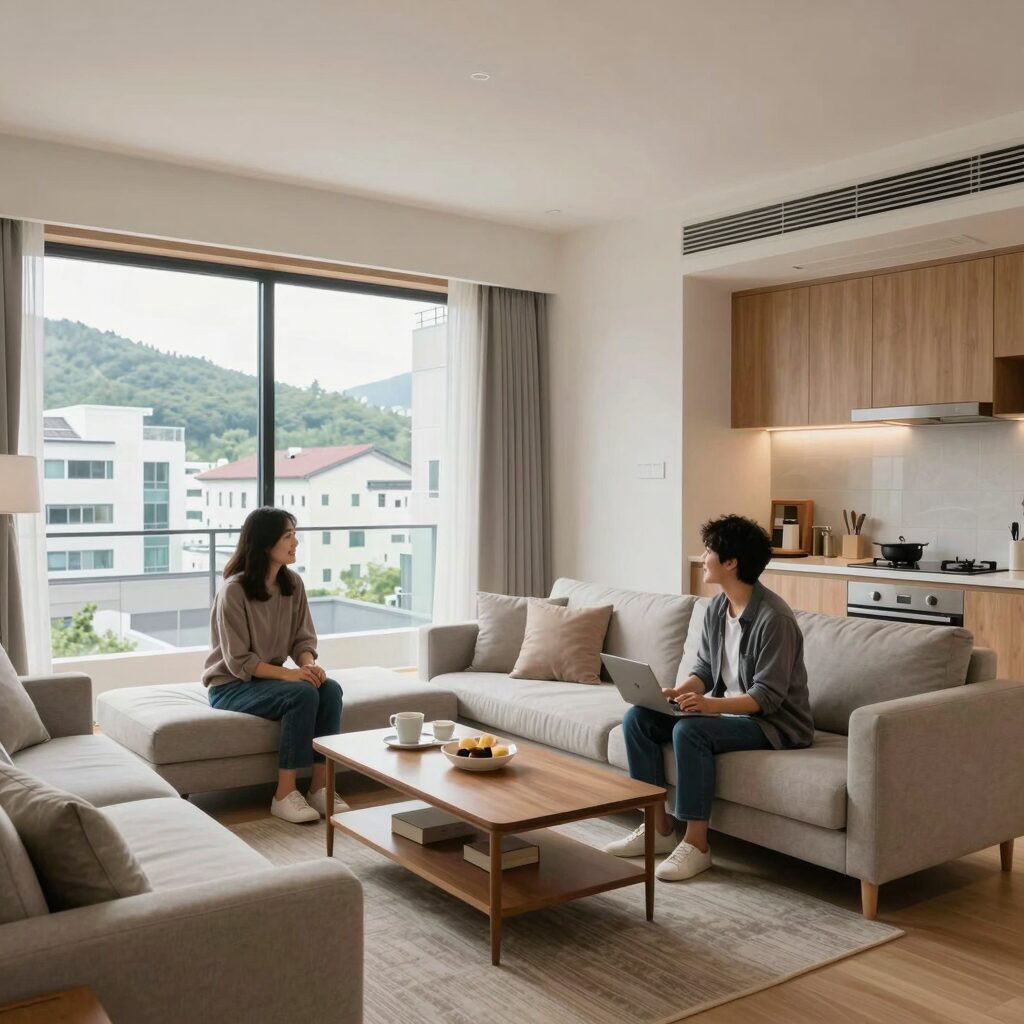 설악 썬밸리 리조트 리모델링 48평 객실 거실과 주방 모습