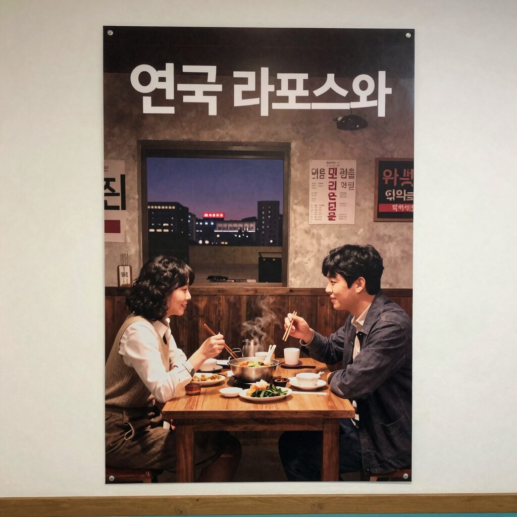 연극 라면 포스터와 무대 사진, 90년대 레트로 감성이 돋보이는 실내 데이트 장소