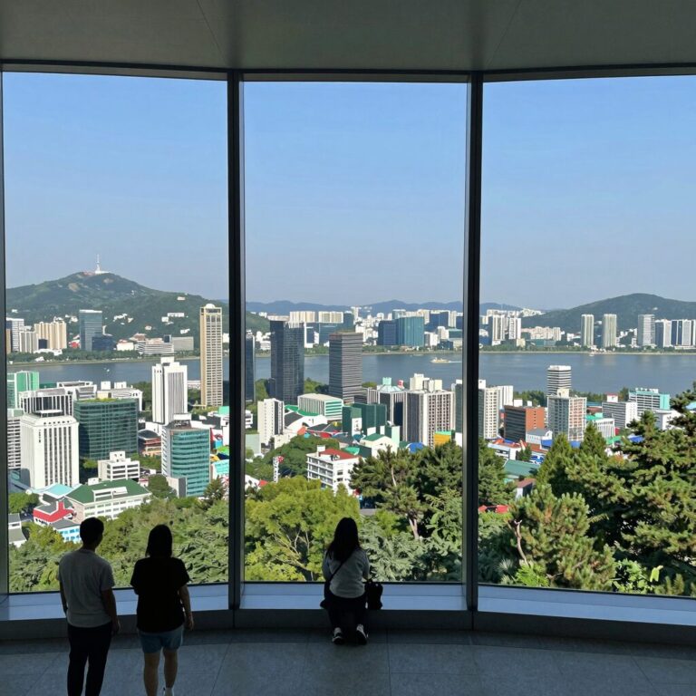 남산타워 전망대에서 바라본 서울 시내와 한강이 한눈에 들어오는 파노라마 뷰, 360도 유리창 너머 보이는 고층 빌딩과 푸른 숲이 어우러져 있다.