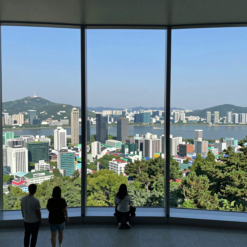 남산타워 전망대에서 바라본 서울 시내와 한강이 한눈에 들어오는 파노라마 뷰, 360도 유리창 너머 보이는 고층 빌딩과 푸른 숲이 어우러져 있다.