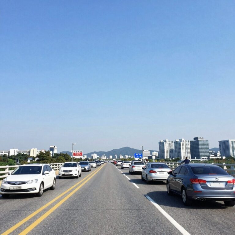 신도평화대교를 차량으로 건너는 풍경, 해상교량과 푸른 하늘이 펼쳐진 모습