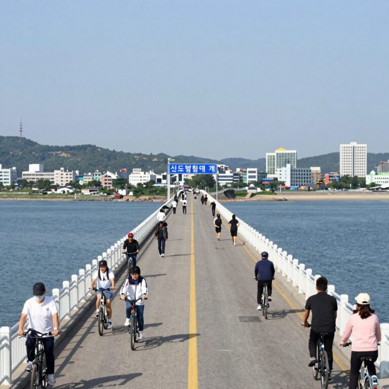 신도평화대교 개통 모습, 영종도와 신도를 연결하는 왕복 2차로 다리, 자전거와 보행자 전용 도로가 보임