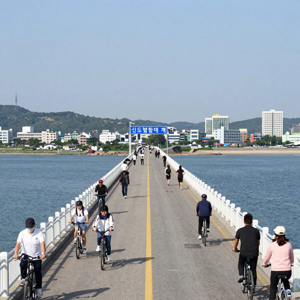 신도평화대교 개통 모습, 영종도와 신도를 연결하는 왕복 2차로 다리, 자전거와 보행자 전용 도로가 보임