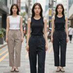 다양한 브랜드 슬리브리스 탑을 레이어드하고 단독으로 입은 스타일링 예시