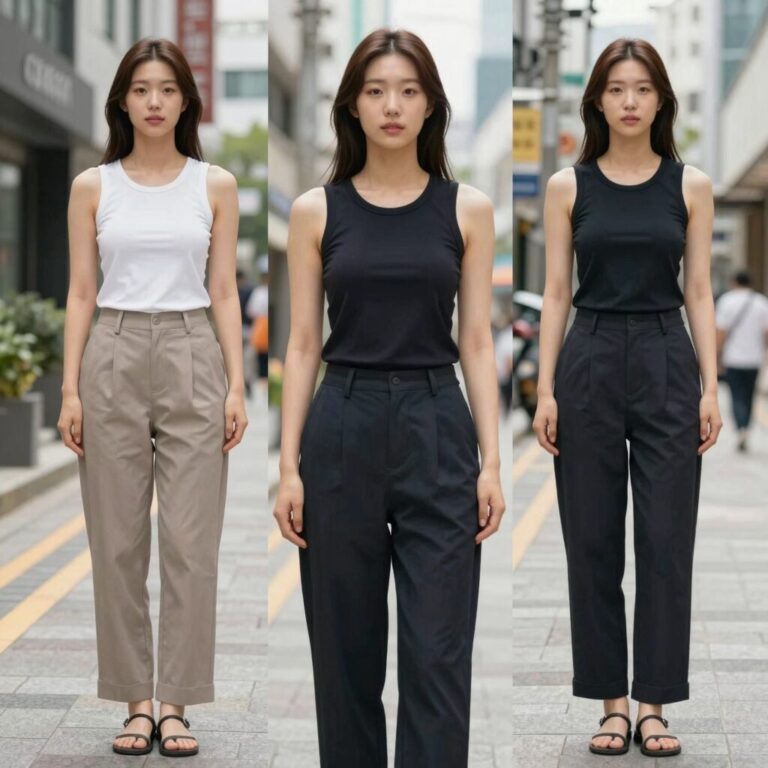 다양한 브랜드 슬리브리스 탑을 레이어드하고 단독으로 입은 스타일링 예시