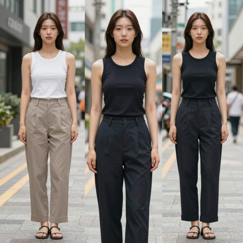 다양한 브랜드 슬리브리스 탑을 레이어드하고 단독으로 입은 스타일링 예시