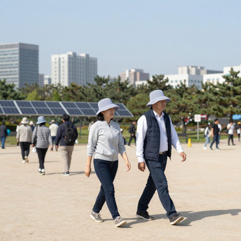 태양광 선풍기 모자를 착용하고 공원에서 산책하는 모습