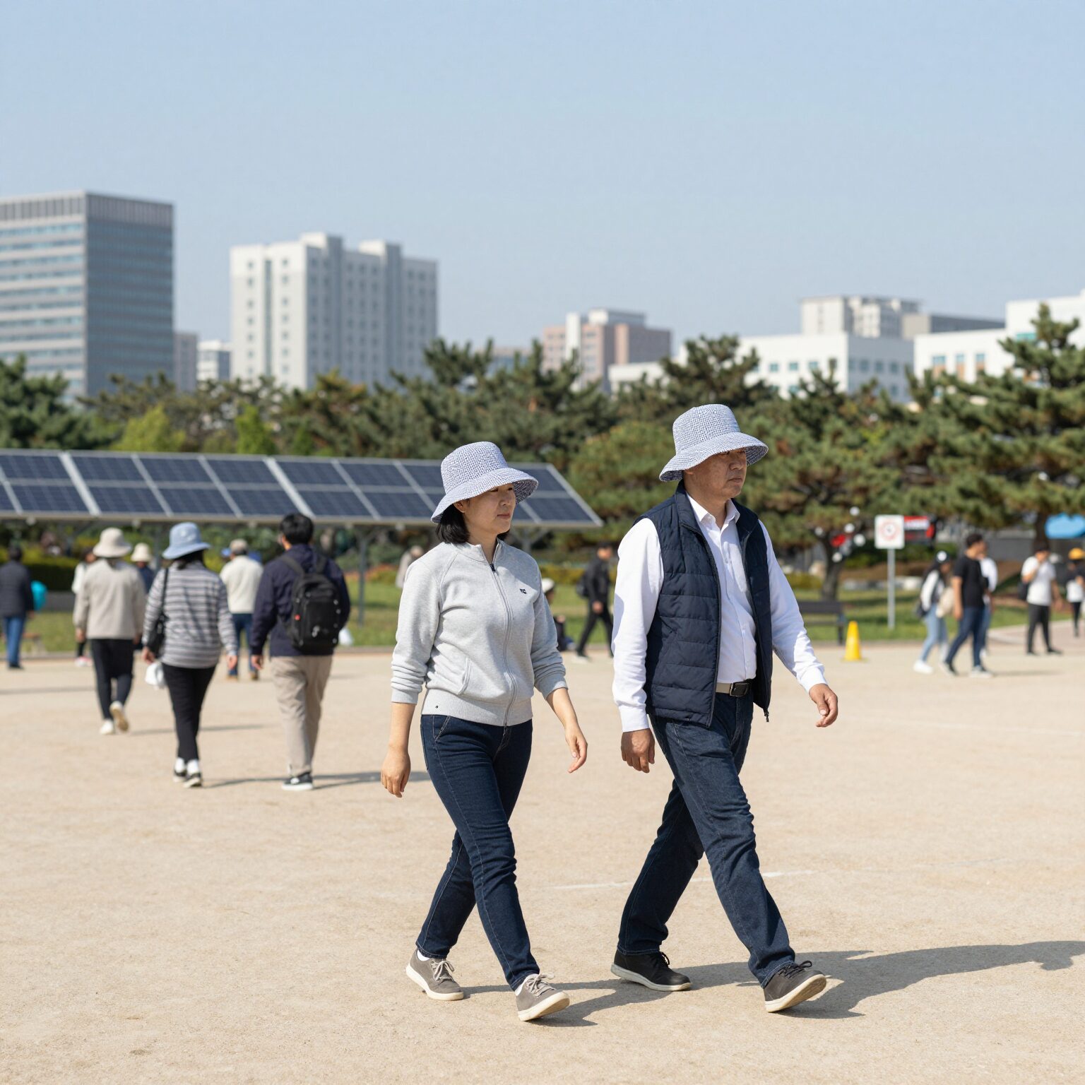 태양광 선풍기 모자를 착용하고 공원에서 산책하는 모습