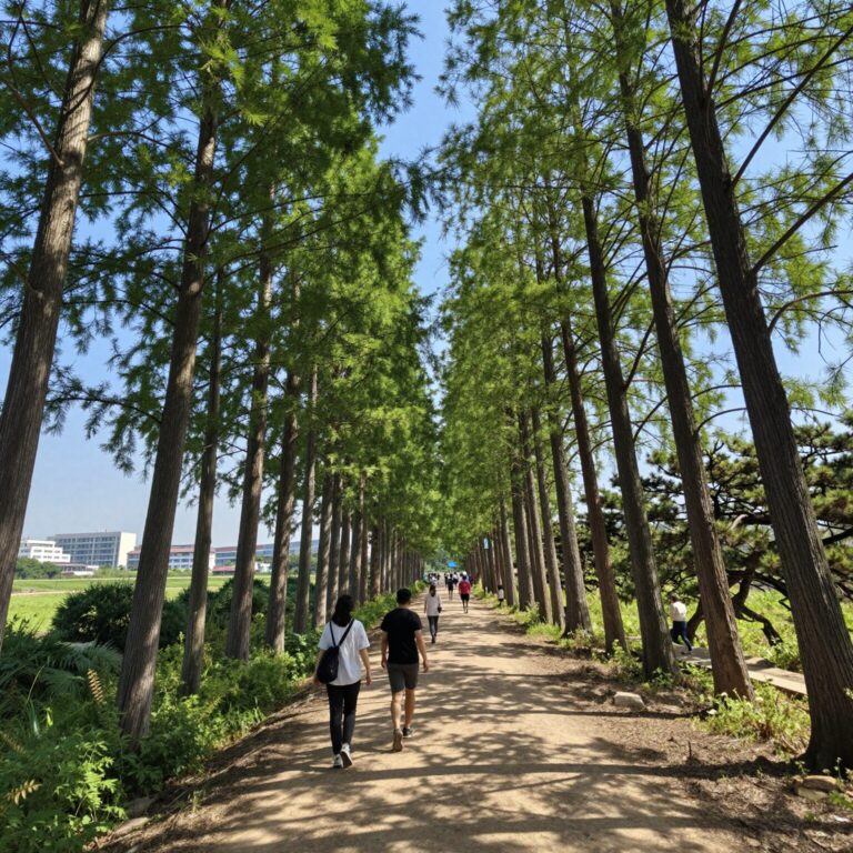 칠곡 송정자연휴양림의 소나무 숲길에서 바라본 하늘과 나무들 햇빛이 숲 사이로 쏟아져 내리는 모습