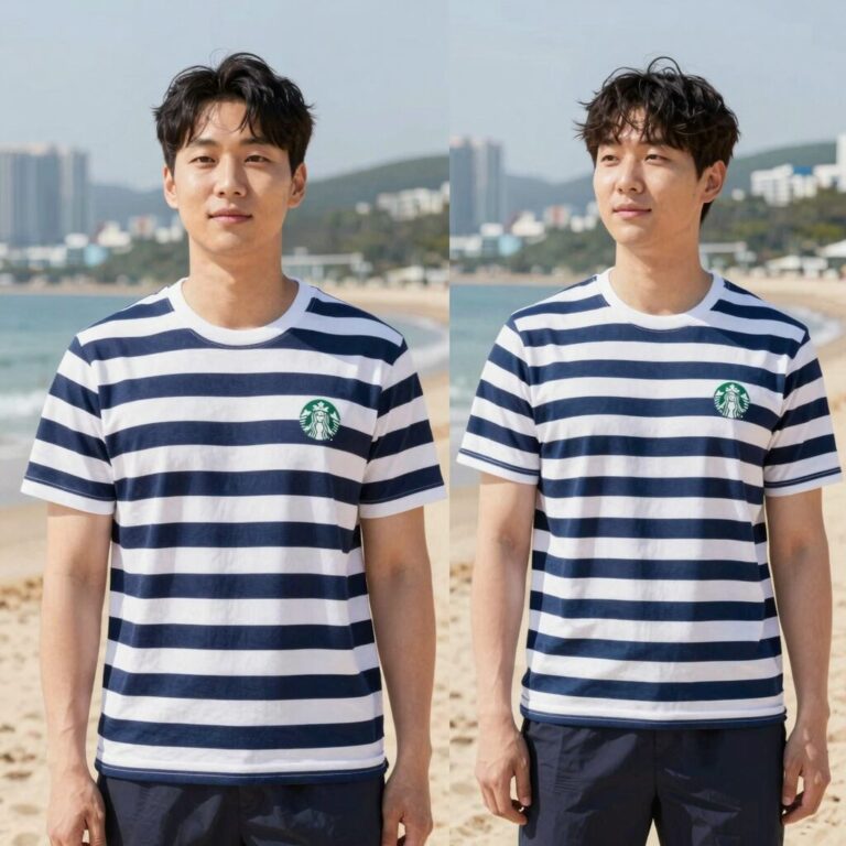 스타벅스 라코스테 콜라보 비치타월 스트라이프 디자인과 사이즈 비교샷