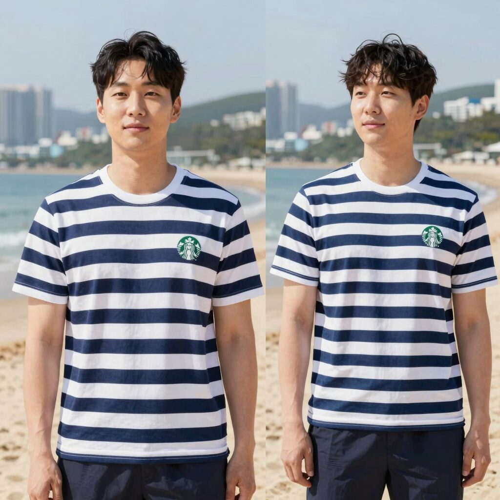 스타벅스 라코스테 콜라보 비치타월 스트라이프 디자인과 사이즈 비교샷